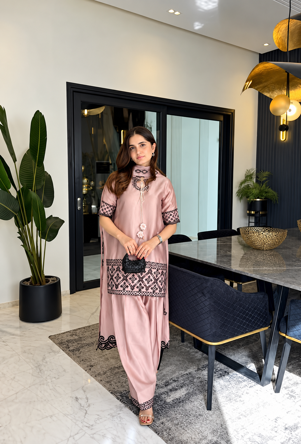 Stylish Soft rust Embroidered Kurta Palazzo Set