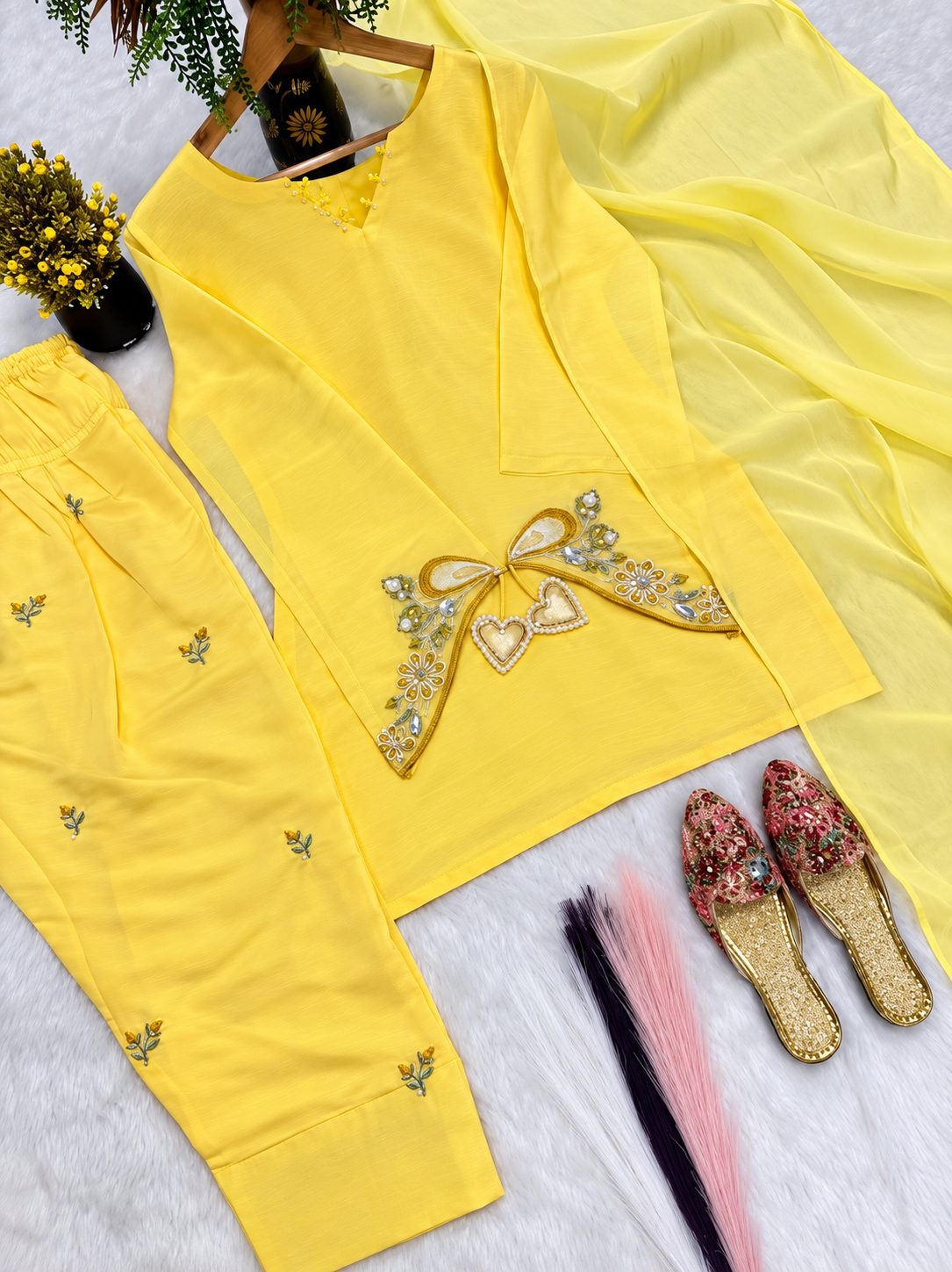 Yellow Heart Farsi Salwar Kurta Set for Women – Festive 3-Piece Ethnic Wear - Image 4
