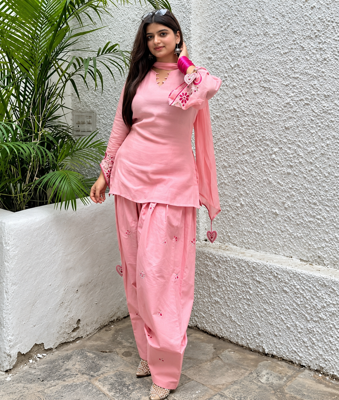 Women’s Pink Cotton Kurta Palazzo Set with Dupatta | Embroidered Straight Kurta Set | 3 Piece Ethnic Wear - Image 3