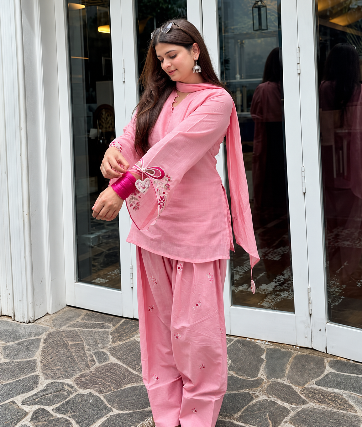Women’s Pink Cotton Kurta Palazzo Set with Dupatta | Embroidered Straight Kurta Set | 3 Piece Ethnic Wear - Image 2