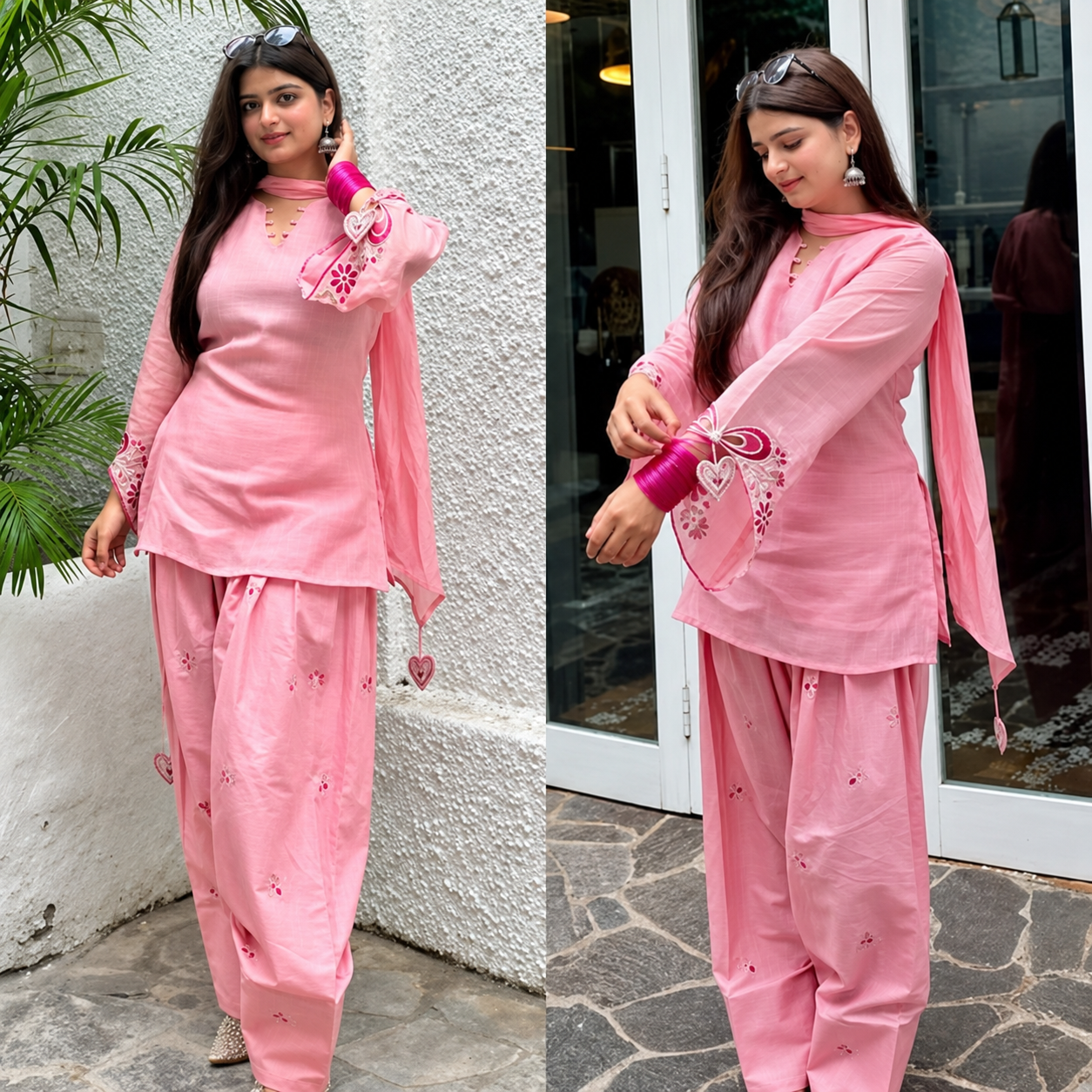 Women’s Pink Cotton Kurta Palazzo Set with Dupatta | Embroidered Straight Kurta Set | 3 Piece Ethnic Wear