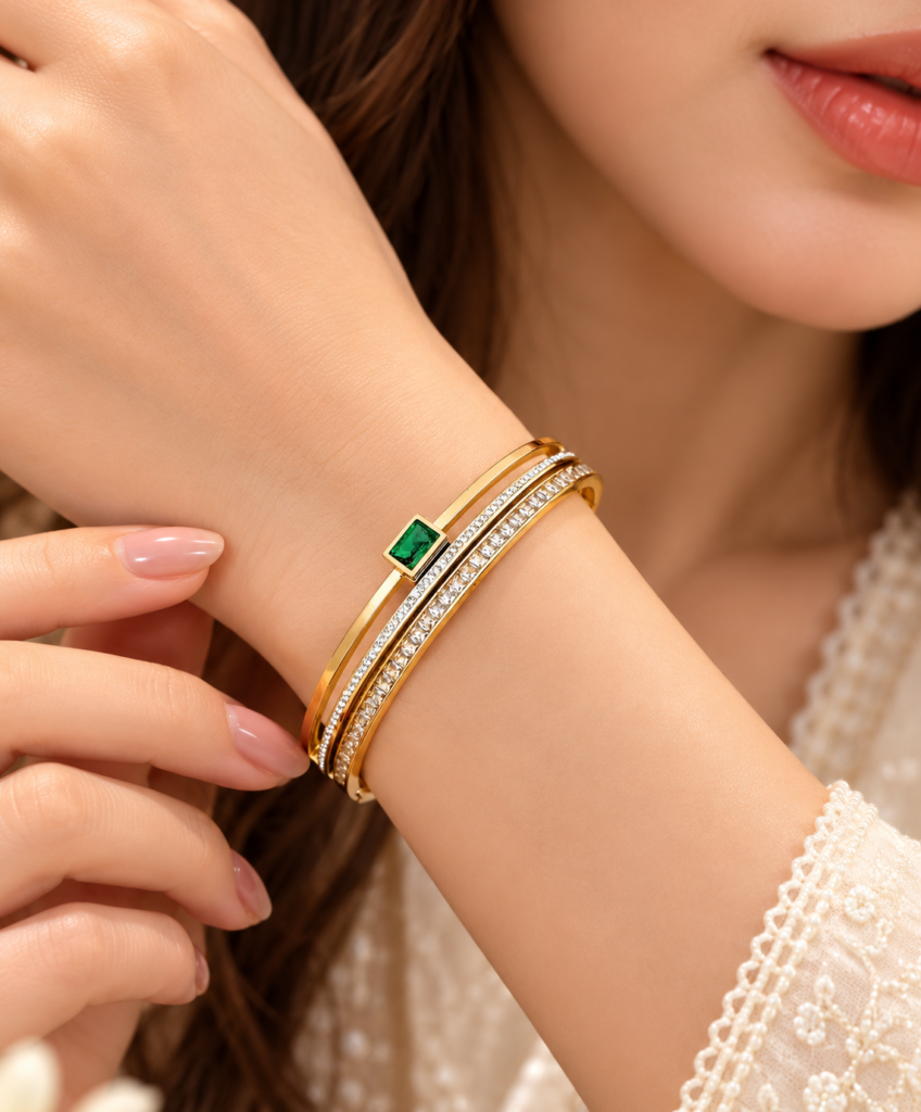 Gold-Plated Green Stone Bangle Bracelet for Women | Elegant Geometric Cuff Bracelet with Mother of Pearl Design