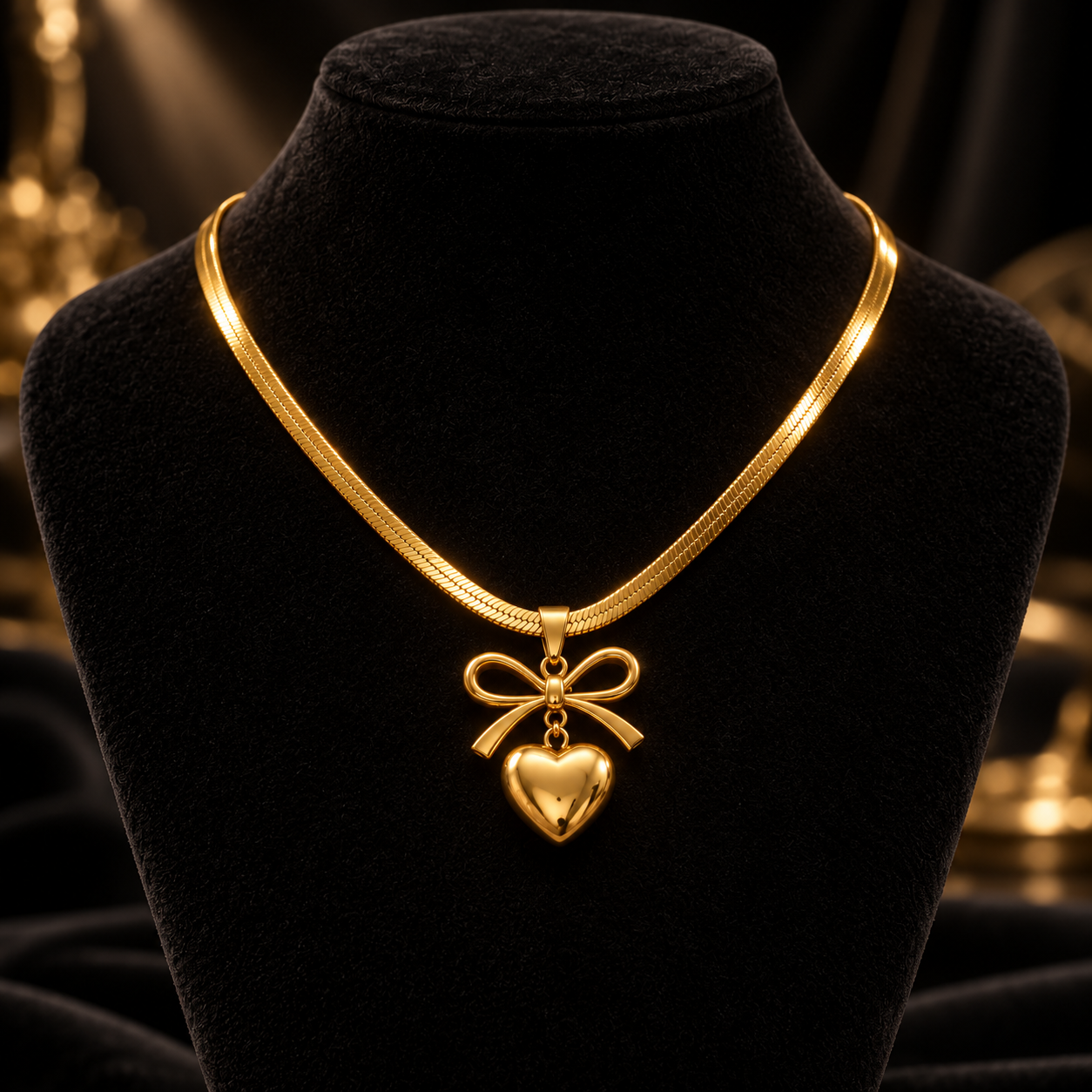 Gold Plated Bow & Heart Pendant Necklace for Women & Girls | Stainless Steel Fancy Golden Chain Jewellery - Image 2