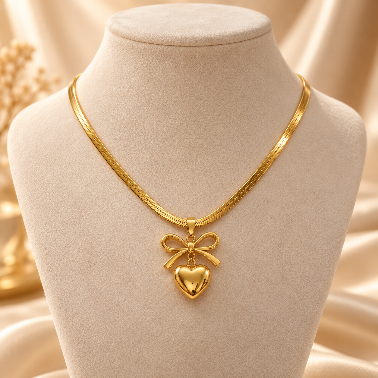 Gold Plated Bow & Heart Pendant Necklace for Women & Girls | Stainless Steel Fancy Golden Chain Jewellery - Image 4
