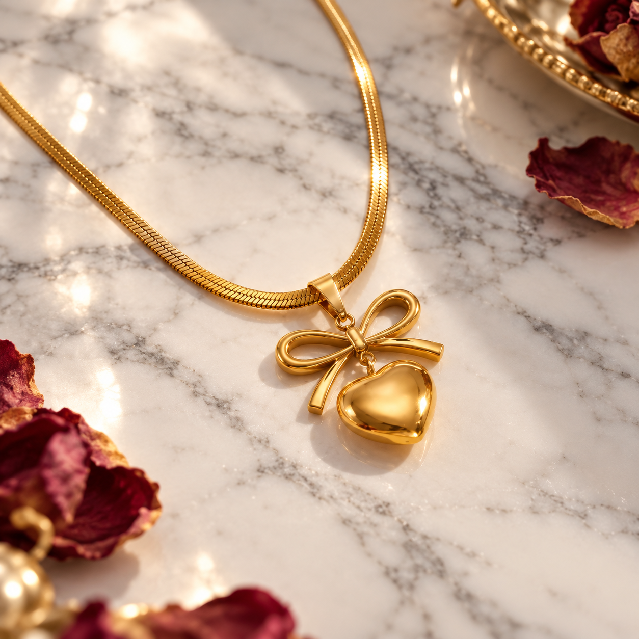 Gold Plated Bow & Heart Pendant Necklace for Women & Girls | Stainless Steel Fancy Golden Chain Jewellery - Image 3