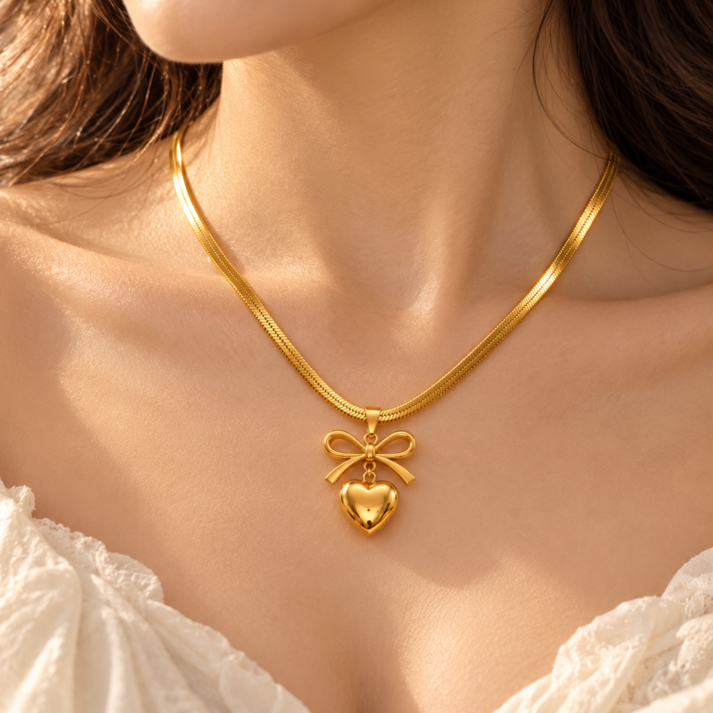 Gold-plated bow and heart pendant necklace for women and girls with a polished golden snake chain, elegant fancy fashion jewellery.Beautiful gold-plated bow and heart pendant necklace worn by a woman, featuring a shiny golden snake chain and elegant heart-shaped charm.Premium gold-plated bow and heart necklace displayed on a black velvet jewellery bust, showcasing its glossy golden finish and elegant pendant design.