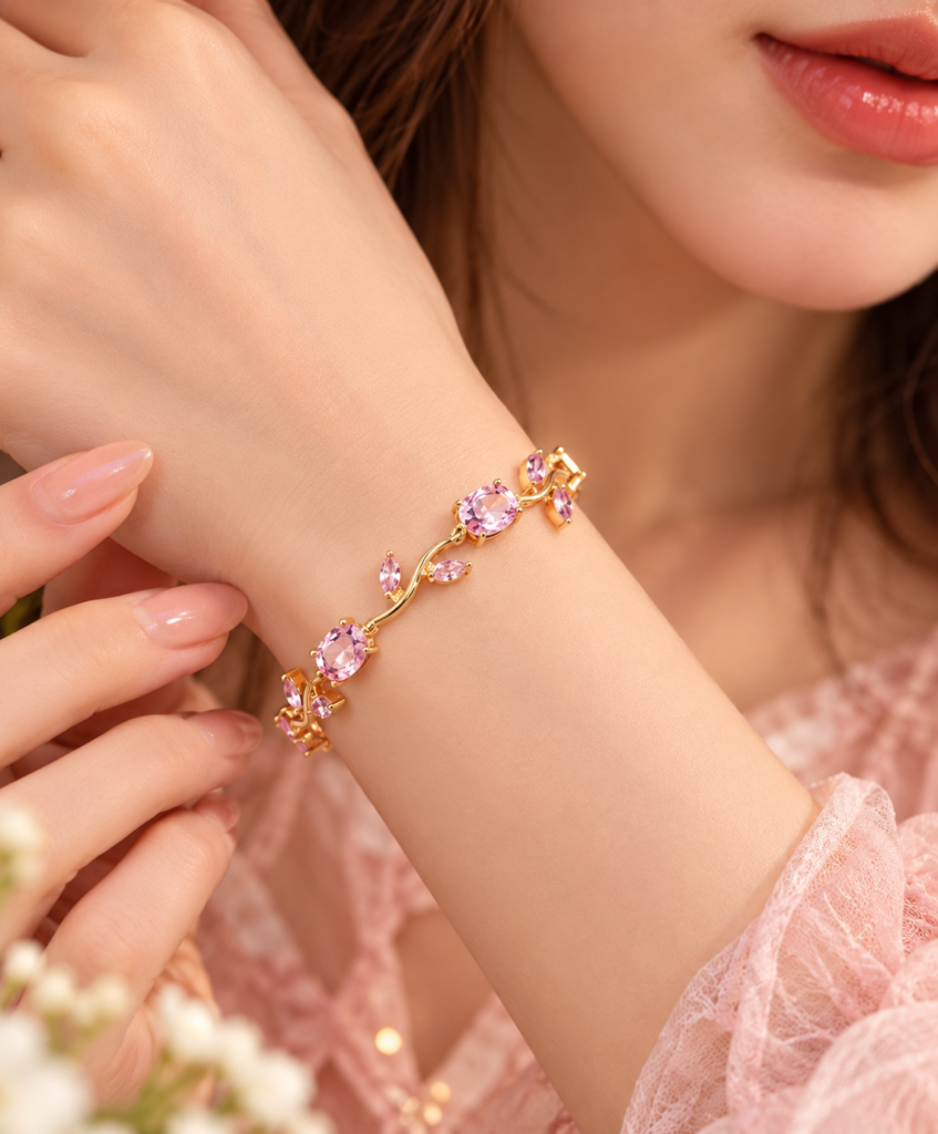 Pink Tulip Bracelet for Women & Girls | Elegant Gold-Tone Floral Link Bracelet with Pink Cubic Zirconia Stones | Adjustable Fashion Jewellery